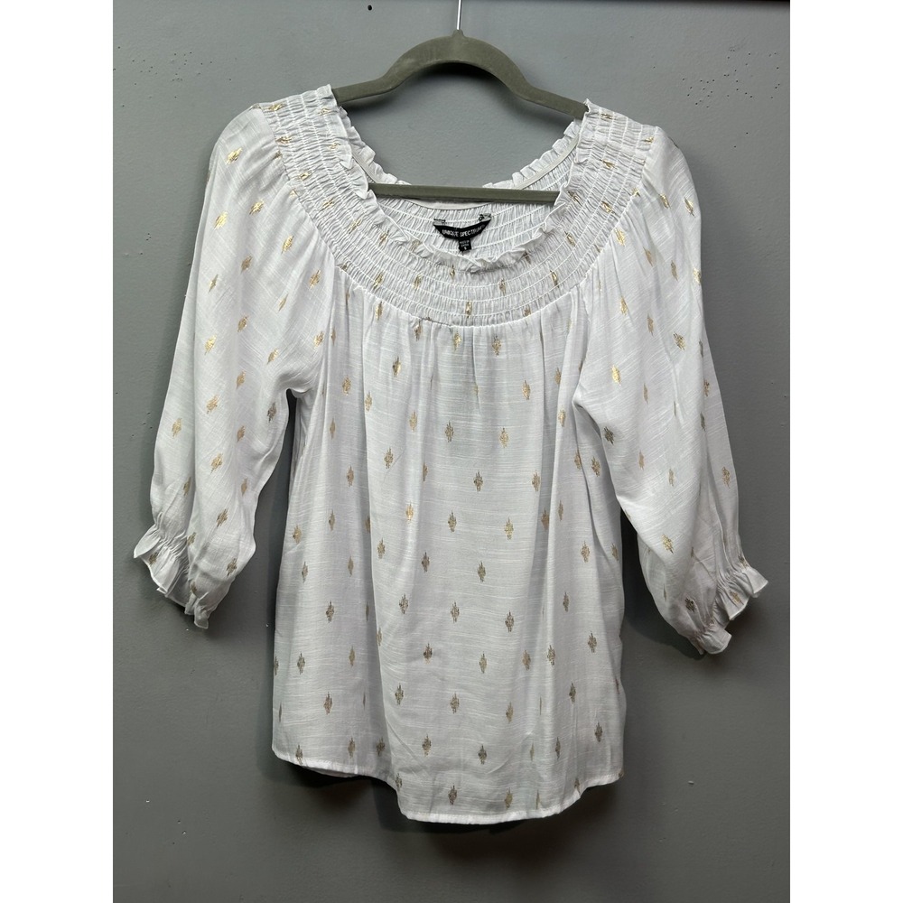 Unique‎ Spectrum Blouse Womens Small Gold Metallic Boho 3/4 Sleeve Pullover Top